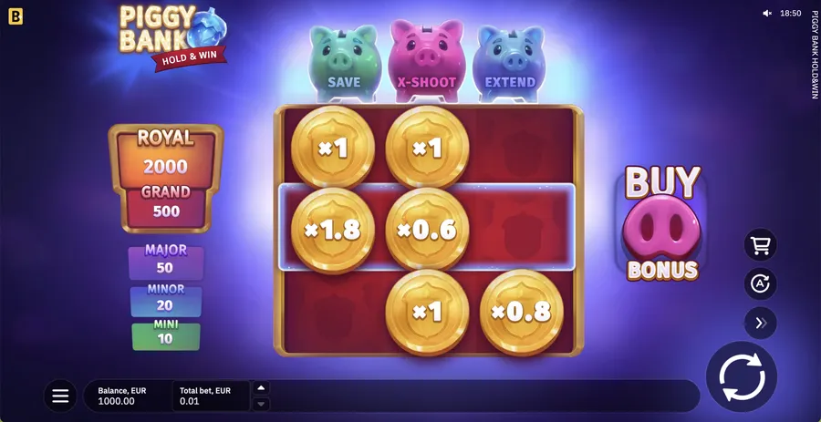 Piggy Bank Hold and Win demo preview — base game grid with Pink, Green and Blue Piggy features