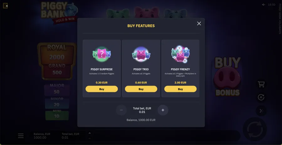 Piggy Bank Hold and Win Buy Bonus menu showing Piggy Surprise, Piggy Trio and Piggy Frenzy options