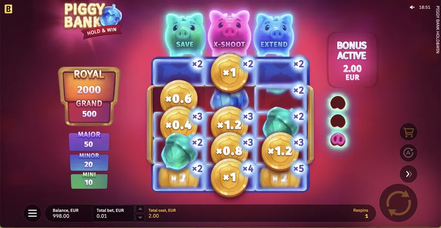 Piggy Bank Hold and Win — expanded 3x5 grid with coin multipliers during the bonus round