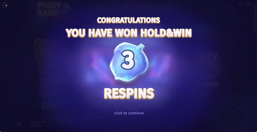 Piggy Bank Hold and Win — Hold & Win bonus triggered with three respins