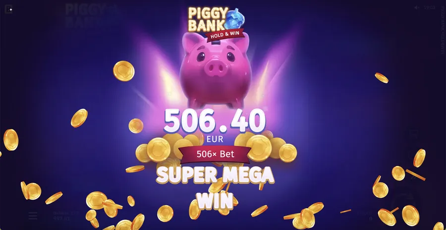 Piggy Bank Hold and Win — big win screen showing a large payout multiplier